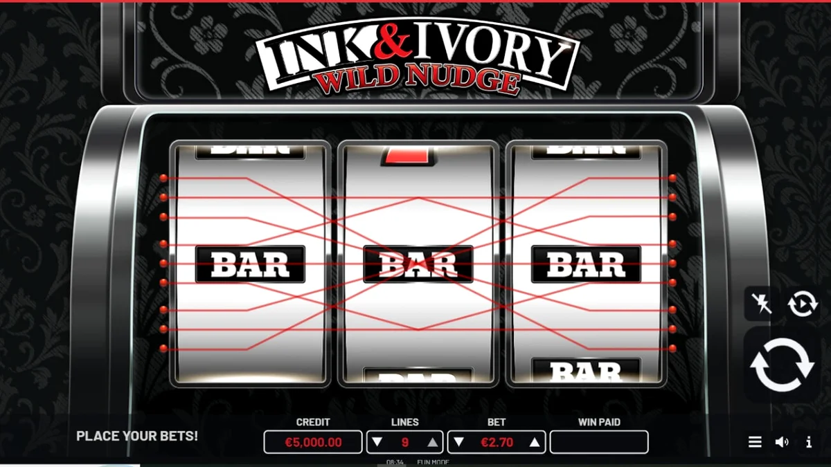 Tampilan visual minimalis hitam putih dari slot Ink & Ivory